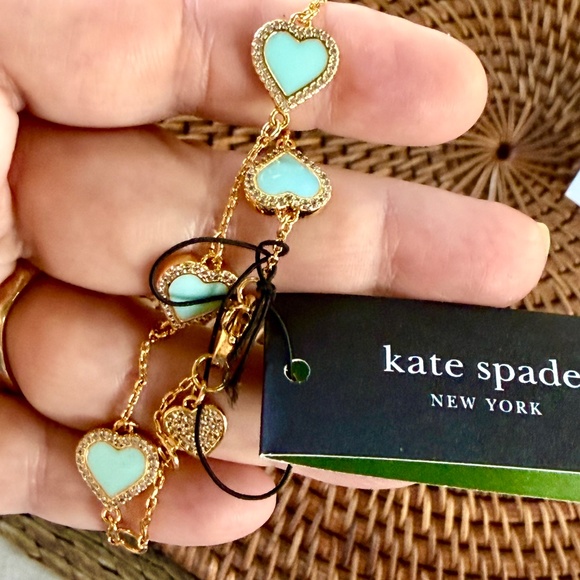 KATE SPADE BRACELET ⭐️TAKE HEART PAVE CRYSTAL- MINT ENAMEL CZ GOLD TONE-Pierced - Picture 15 of 16
